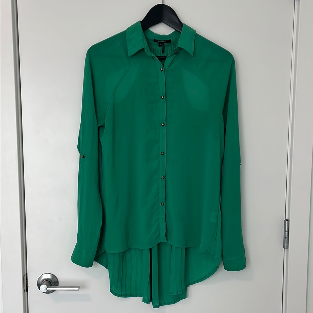 Emerald Green High Low Button Down Shirt with Notched Collar